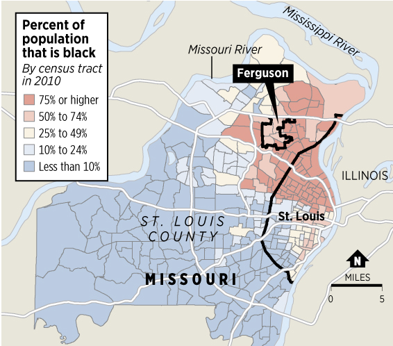 St. Louis and its surrounding suburbs are highly segregated, with the population of the northern areas, including the city of Ferguson, being heavily black, and the southern and western areas heavily white.
