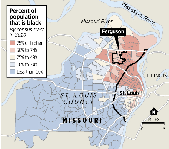 St. Louis and its surrounding suburbs are highly segregated, with the population of the northern areas, including the city of Ferguson, being heavily black, and the southern and western areas heavily white. 