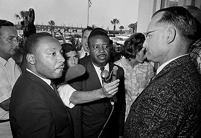 Martin Luther King, Jr. being denied entry to the whites only Monson Motor Lodge restaurant by owner Jimmy Brock. (photo: wikipedia)