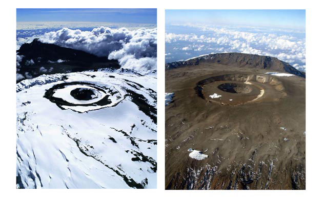 Images taken in 1992 and 2005 show the loss of snow occurring on Mount Kilimanjaro in Tanzania, the highest free standing mountain in the world. Scientist say this is due to human behavior. 