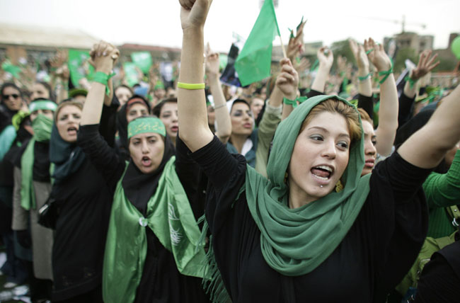 Protestors at a rally in 2009 during the so-called Green revolution where social media played a significant role in mobilizing support for the opposition candidate, Mir Hossein Mousavi. Source: AP. Via Foreign Policy Association. 