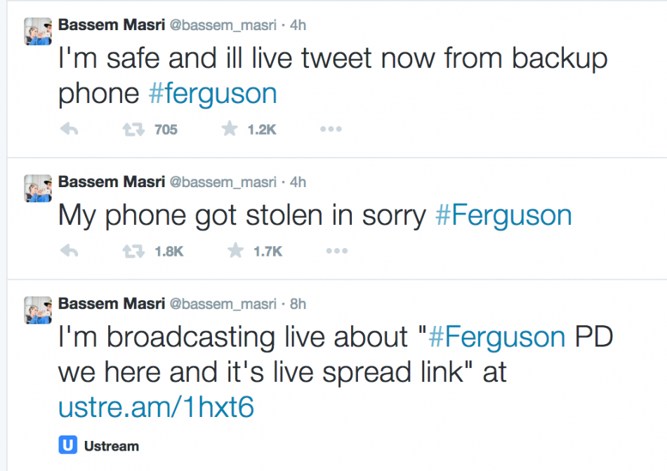 Some of the many tweets covering the events in Ferguson, Missouri. (SOURCE: http://photographyisnotacrime.com/2014/11/live-streamer-gets-camera-stolen/)