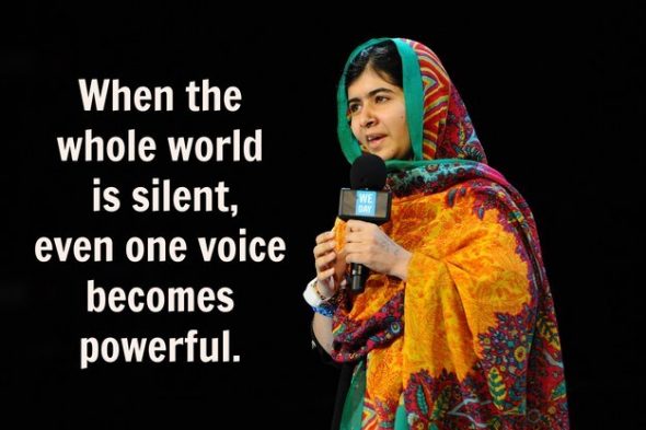 One of Malala's famous quotes urging all voices to speak up around the world.