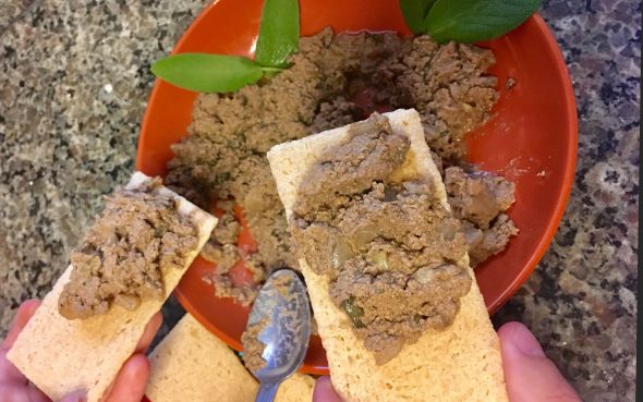 Tuscan crostini with a hint of sage leaves. (Yes, it looks like cat food). Photo Credit: Szabolcs Panyi